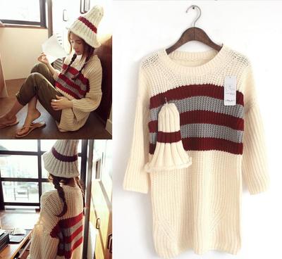 2014秋冬新款韓版東大門代購(gòu)條紋甜美針織衫 條紋圣誕帽子